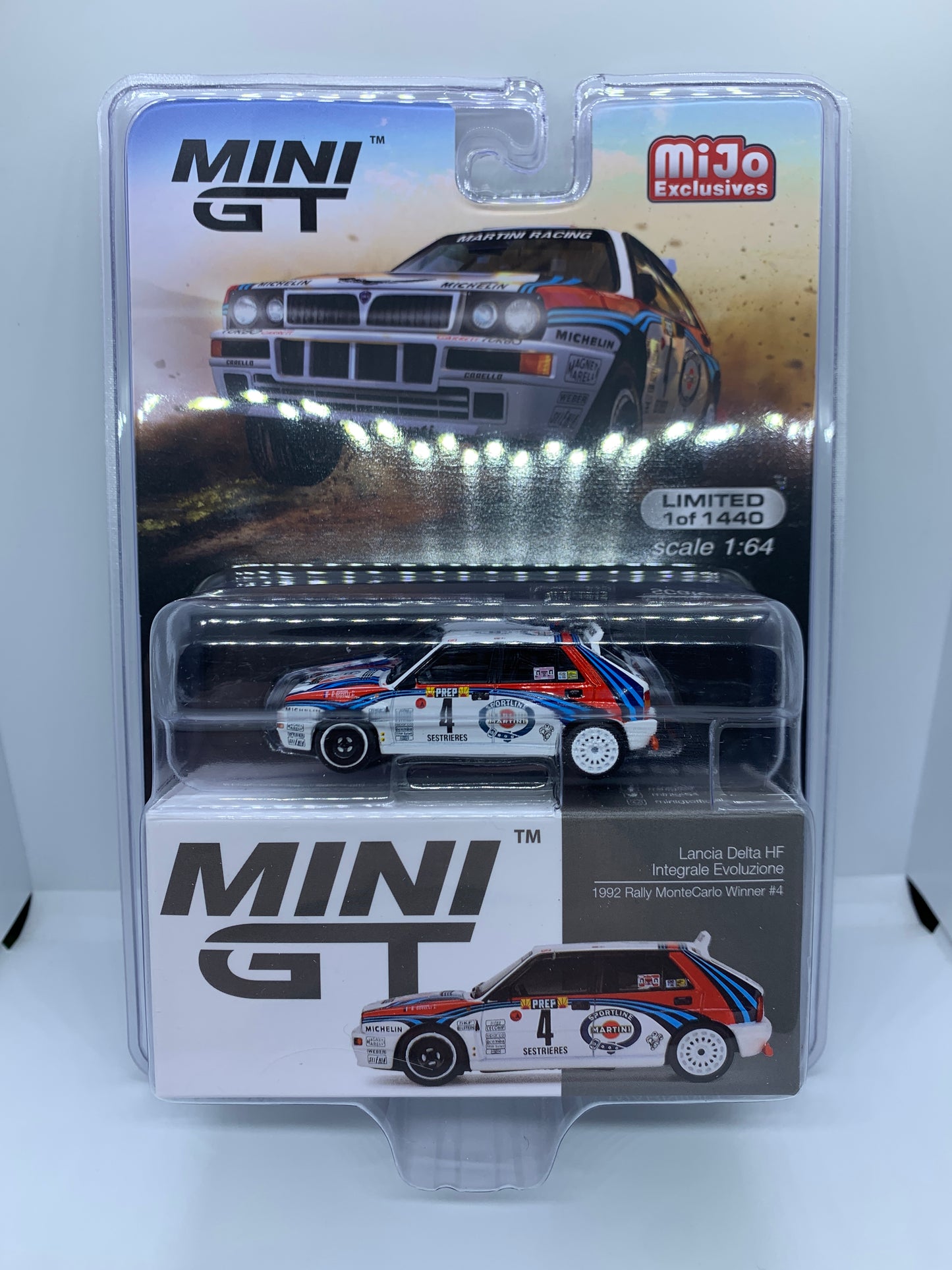 MINI GT - Lancia Delta HF Integrale Evoluzione Monte Carlo Rally - Display Blister Packaging