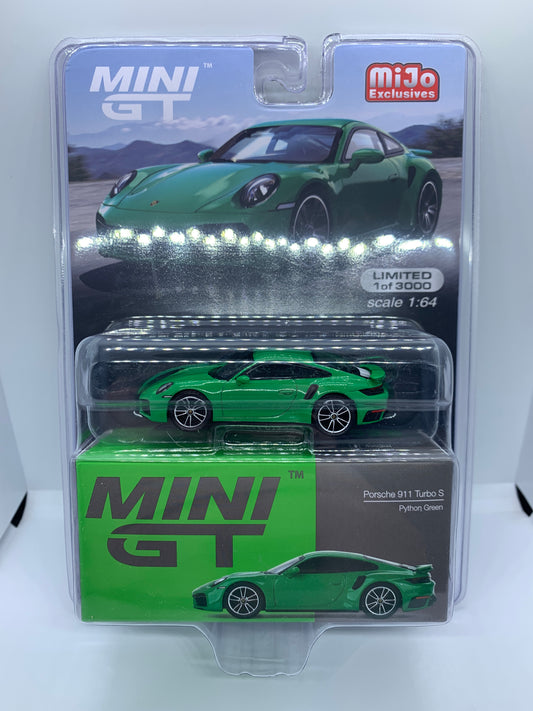 MINI GT - Porsche 911 Turbo S Python Green 991 - Display Blister Packaging