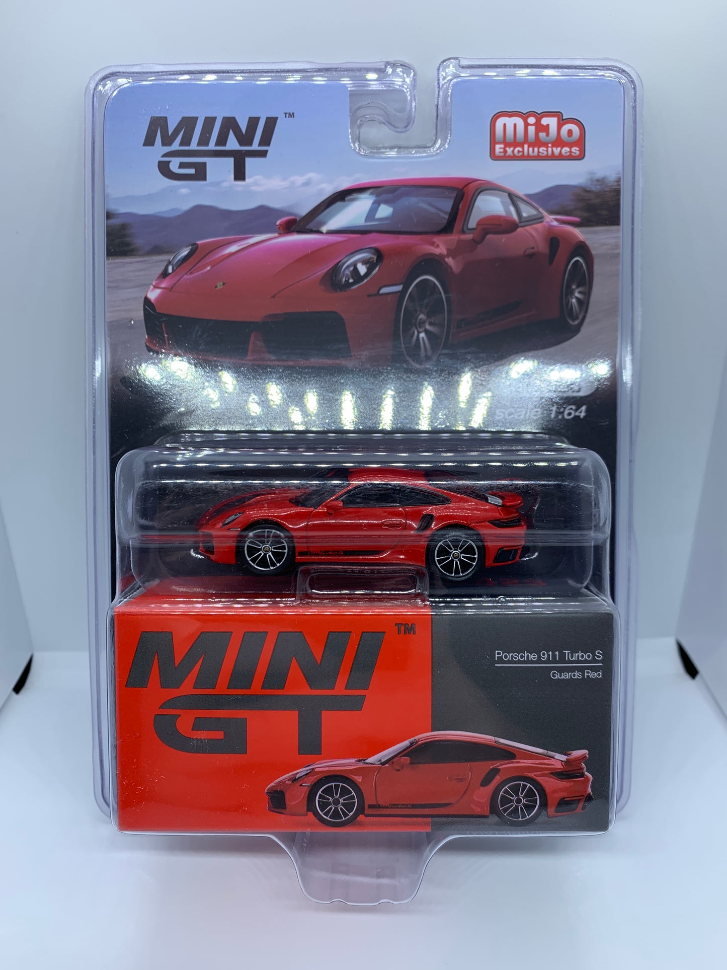 MINI GT - Porsche 911 Turbo S Guards Red 991 - Display Blister Packaging