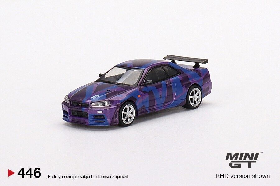 Mini GT 1:64 Nissan Skyline GT-R R34 V-Spec II Digital Camouflage Purple #446